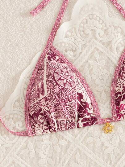 Swim Vcay 2pcs/Set Women Summer Vacation Random Floral Print Gold Sun Accessory Halter Top And High Cut Retro Bikini Swimwear Boho Bikini Set Pattern Bikini Triangle Bikini Top Lace Bikini