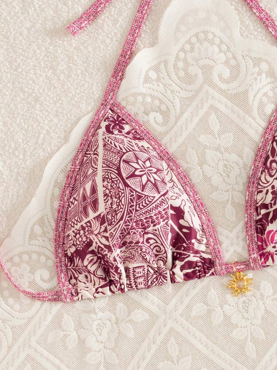 Swim Vcay 2件套 女士夏季度假随机印花金色太阳配饰吊带上衣和高衩复古比基尼泳装 - 彩色 - 查看 1