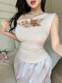 Celisse Apricot Shoulder Cutout Embroidered Floral Elegant Women T-Shirt - Apricot - View 6
