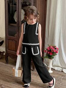 2 pièces Ensemble débardeur rond unicolore et pantalon ample décontracté pour jeune fille - Noir - Voir 6