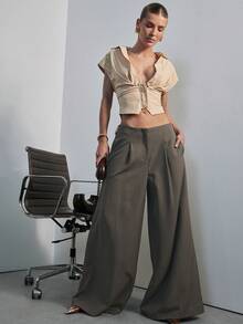 Hauture Women's Fashionable Solid Color Mid-Rise Wide Leg Pants, Old Money Aesthetic, Autumn Office Work Outfits, Elegant, Brunch Olive Green - Dark Grey - View 1