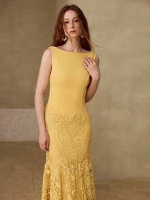 MOTF PREMIUM CONTRAST LACE ZIPPER DRESS - Yellow - View 5