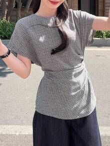 DAZY 女士休闲格子收腰衬衫，夏季 - 棕色 - 查看 3