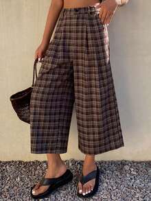DAZY Contrast Color Plaid Loose Capri Pants, Casual Women Trousers For Spring & Autumn - Brown - View 1