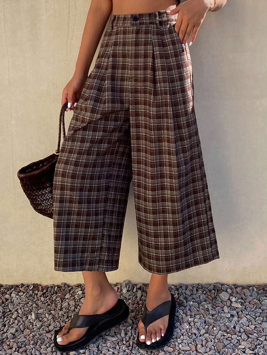DAZY Contrast Color Plaid Loose Capri Pants, Casual Women Trousers For Spring & Autumn - Brown - View 1