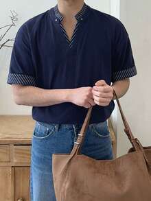 DAZY Navy Blue V-Neck Men's T-Shirt With Collar And Cuff Contrast Design, Summer - Multicolor - View 7