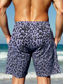 Solantero Men's Leopard Print Drawstring Waist Pocket Casual Beach Shorts Men Leopard Swim Trunks Men Swim Shorts Men Leopard Shorts Men Animal Print Shorts Men Animal Print Swim Trunks - Dusty Purple - View 2
