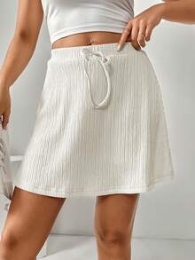 SHEIN Essnce 女士纯色抽绳腰带休闲百搭日常穿着短裙 - 白色 - 查看 5