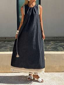 DAZY Women's Round Neck Ruched Casual Party Washed Denim Dress - Blue - View 2