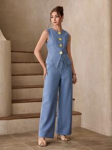 Selenza Women's Metal Single-Breasted Vest And Wide-Leg Jeans Casual Suit - Blue - View 4