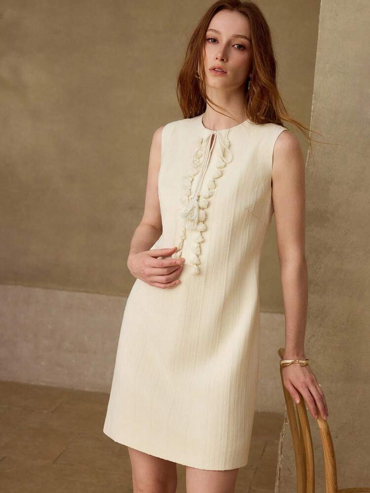 WOMEN'S APRICOT SLEEVELESS A-LINE DRESS WITH FRINGE DECOR
