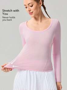 OutZeal 女士运动粉色T恤 日常休闲速干修身长袖U领运动上衣 - 粉色 - 查看 3