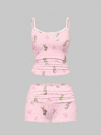 ROMWE Kawaii Cute & Fun Rabbit Polka Dot Lace Camisole & Ruched Shorts Pajama Set, Casual Loungewear