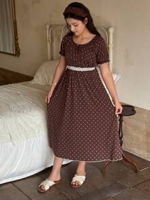 Dazy Kids 少女圆领花卉蕾丝荷叶边休闲家居睡裙 - 棕色 - 查看 4