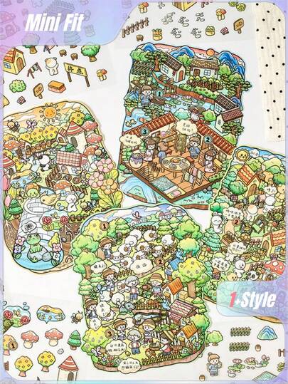 一套4张童话日记贴纸，风景贴纸，大型3D立体风格贴纸