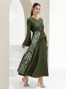 Al Najma Đầm dự tiệc kiểu Ả Rập thanh lịch dành cho nữ, cổ chữ V, thắt eo xếp ly. - xanh quân đội - Xem 6