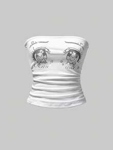 ROMWE Kawaii 可爱卡通日式水钻装饰紧身抹胸上衣 - 白色 - 查看 5