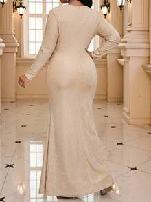 Fleurora Đầm đuôi cá ôm eo thanh lịch dành cho nữ cỡ lớn, cổ tròn, xếp ly, đính ngọc trai giả, thích hợp cho các buổi hẹn hò và tiệc tùng. - Màu be - Xem 2