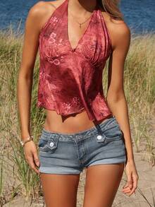 Sydney Algeri 女式性感低腰修身迷你牛仔短裤，夏季 - 中等水洗藍 - 查看 3