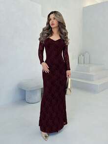 Jemour 女士纯黑色蕾丝露肩修身鱼尾裙，适合约会和派对 - 紫紅色 - 查看 4