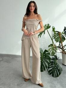 Aloruh Women's Summer 2-Piece Set, Casual Off Shoulder Asymmetrical Striped Top And Relaxed Pants, Commuting Outfit - Brown - View 8