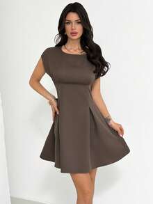 Firerie 优雅复古风收腰圆领短袖迷你连衣裙，适合通勤、度假、毕业典礼、日常穿着，米棕色，春夏款 - 咖啡棕 - 查看 4