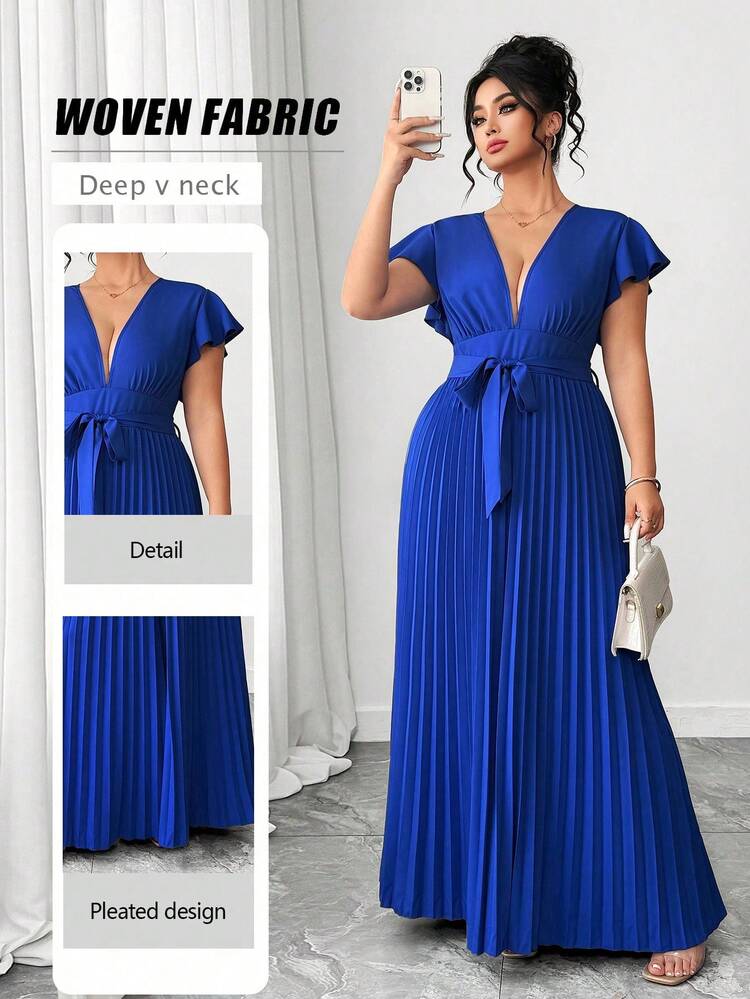 Elenzga Plus Size Royal Blue V-Neck Ruffle Sleeve Wide Leg Jumpsuit, Office Casual Outfit Royal Blue Women Blue Long Dress Summer Maxi Dress Elegant Maxi Dress Formal Blue Wedding Guest Dress Royal Blue Dress Women Elegant - Blue - View 1