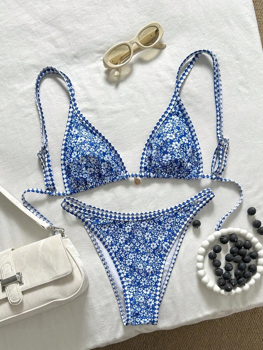 Swim Vcay Women's Casual Vacation Beach Party Elegant Floral Print Knit Fabric Countryside Style Bikini Beach Outfit 2-Piece Set, Spaghetti Strap Swimwear, New Arrival - Blue - View 1