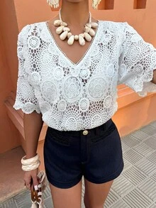 Selianne Women's Casual Crochet Hollow V-Neck Short Sleeve Top, Spring/Summer - White - View 4