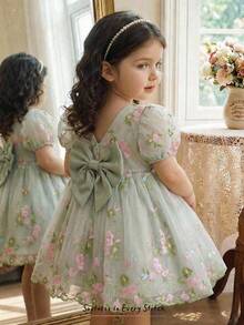 Cozy Pixies Baby Girl Floral Print Round Neck Puff Sleeve Waist Cinched Dress - Multicolor - View 1