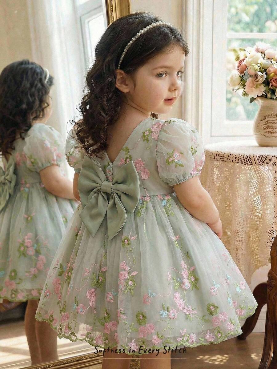Cozy Pixies Baby Girl Floral Print Round Neck Puff Sleeve Waist Cinched Dress - Multicolor - View 1