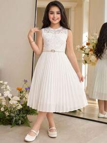 SHEIN Tween Girl Spring/Summer Elegant Lace Patchwork Pleated Dress Tween Girl - White - View 5