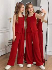 SHEIN Tween Girls' Casual Elegant Commuter Street Fashion Woven Solid Color Button Front Sleeveless Vest Top And Straight Leg Pants Set, Red,Kids - Red - View 7
