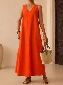 Vesra Women's V-Neck Sleeveless Loose Long Dress - Burnt Orange - View 5