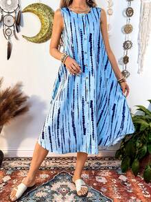 Fembélia Asymmetrical Hem Printed Elegant Dress For Women - Blue - View 5