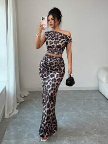 Rafferiza Women's 2-Piece Leopard Print Set: Ruched Waist Top Paired With Ruched Hem Skirt, Flattering Silhouette For Beach Vacation - Multicolor - View 1