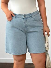 Quần short nữ cạp cao denim mài bạc màu, cỡ lớn. - Rửa nhẹ - Xem 6