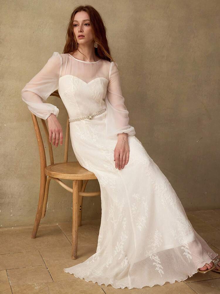 CONTRAST MESH FAUX PEARL BELTED ELEGANT LONG SLEEVE DRESS