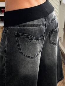 StreetHx Pantalones cortos de mezclilla sueltos con cintura plegable y lavado de verano para mujer - Negro - Ver 7