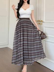 DAZY Women's High Waist Plaid Elegant Versatile A-Line Skirt - Brown - View 2