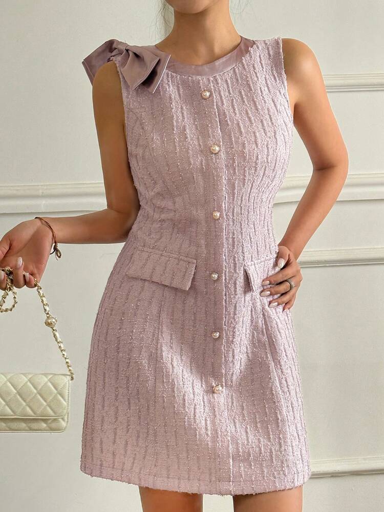 Women's Round Neck Bow Decor Sleeveless Textured Fabric Waist Cinched Short Elegant Dress Sundress Summer Cocktail Dress