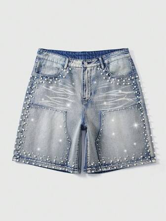 Street Life Herren Sommer Lässig washed Nieten & Strass Denim-Shorts