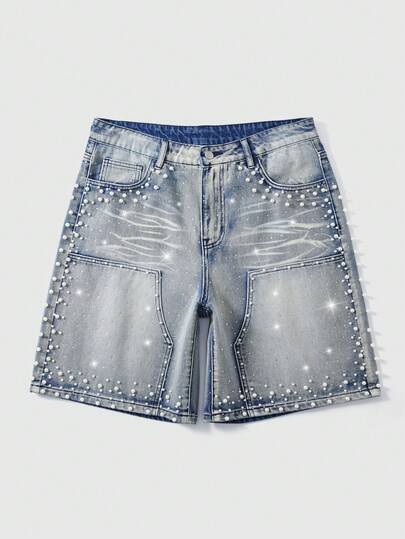 Pantalones cortos vaqueros de verano casuales para hombres con remaches y diamante de imitación lavados