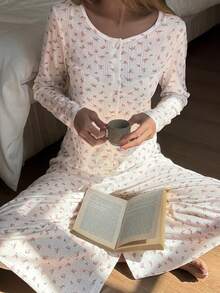 Livesso 女士印花长袖上衣和阔腿裤休闲两件套 - 白色 - 查看 1