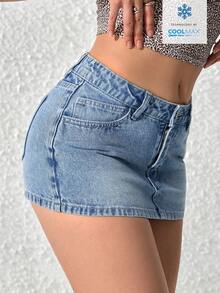 SHEIN PETITE Minifalda vaquera ajustada de talle bajo y sexy para mujeres - Azul - Ver 3