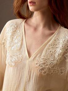 MOTF PREMIUM SPRING/SUMMER NEW BEADED COLLAR V-NECK LONG SLEEVE FASHIONABLE ELEGANT OFFICE LADY TOP - Apricot - View 1