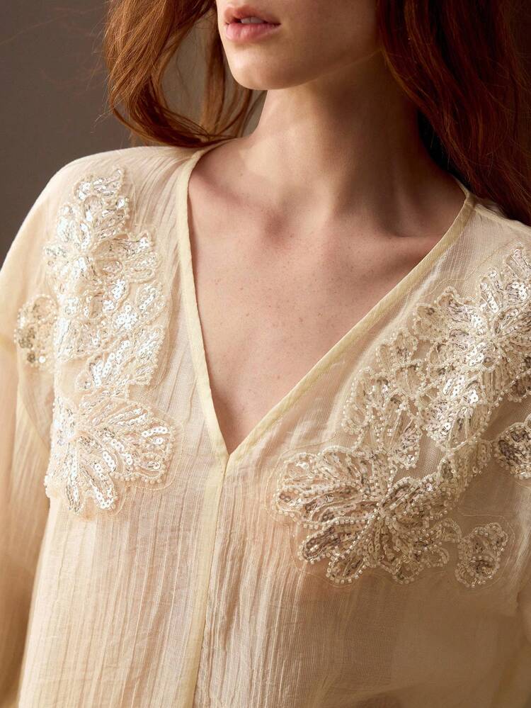 SPRING/SUMMER NEW BEADED COLLAR V-NECK LONG SLEEVE FASHIONABLE ELEGANT OFFICE LADY TOP