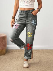 SHEIN LUNE Women's Floral Embroidered Pocket Straight Leg Casual Versatile Jeans - Grey - View 4
