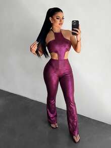 SHEIN SXY Sexy Burgundy Hollow-Out Jumpsuit Sexy Jumpsuits Snakeskin Jumpsuit Club Jumpsuit Cut Out Jumpsuit - Hot Pink - View 5