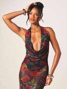 MISSGUIDED 女士玫瑰印花网纱垂领露背长款连衣裙，适合晚宴、派对、情人节约会、正式场合等场合。 - 彩色 - 查看 4